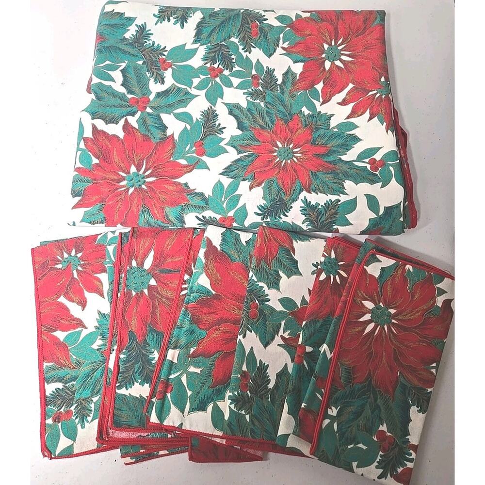 Vintage Christmas Poinsettia Holly Berry Tablecloth 1950s 60” x 100”